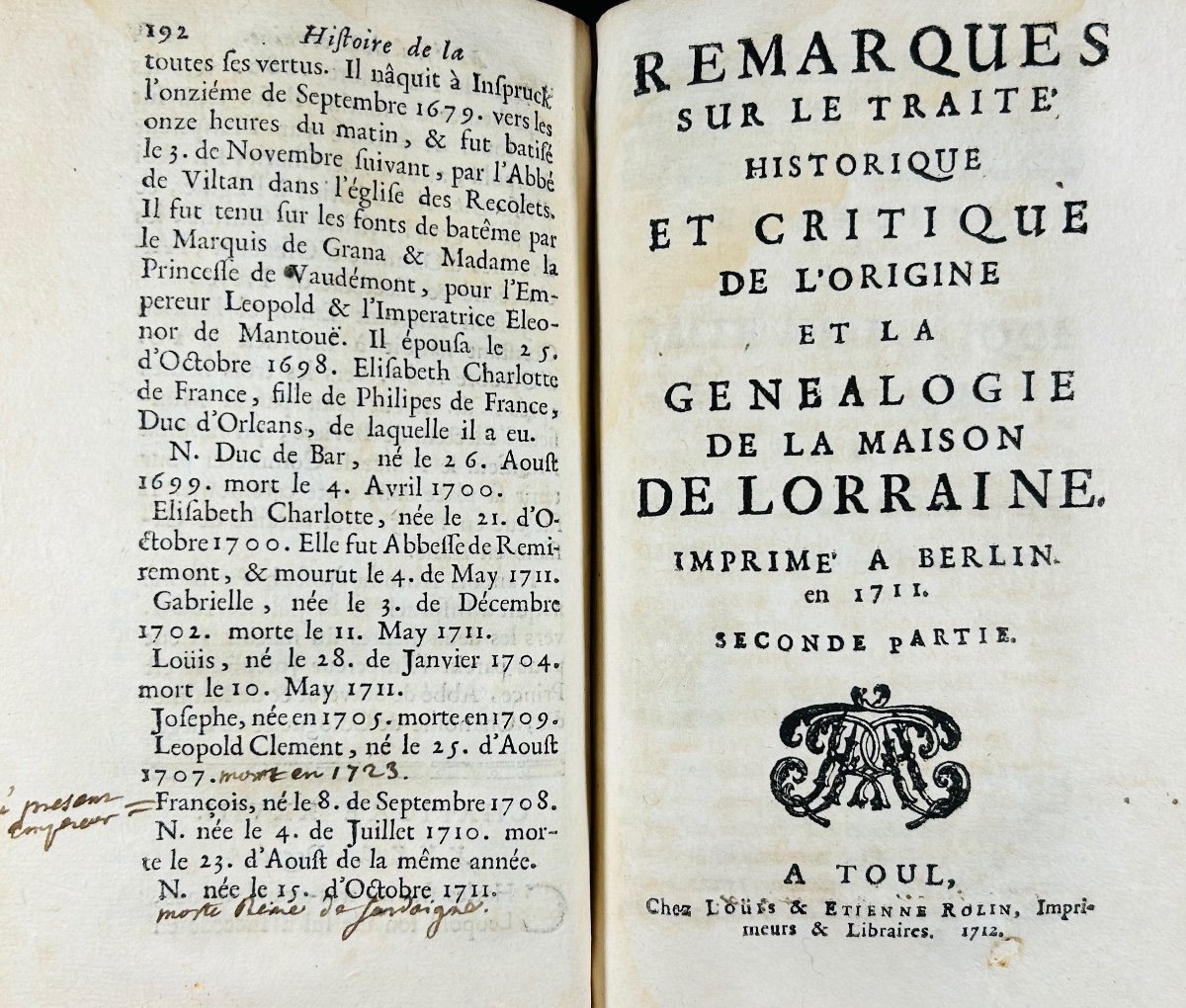 Picart (benoit) - Supplement To The History Of The House Of Lorraine. Toul, Chez Rolin, 1712.-photo-5