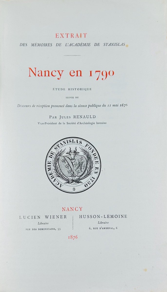 RENAULD (Jules) - Nancy en 1790, étude historique. Lucien Wiener, Husson-Lemoine. 1876, broché.-photo-2