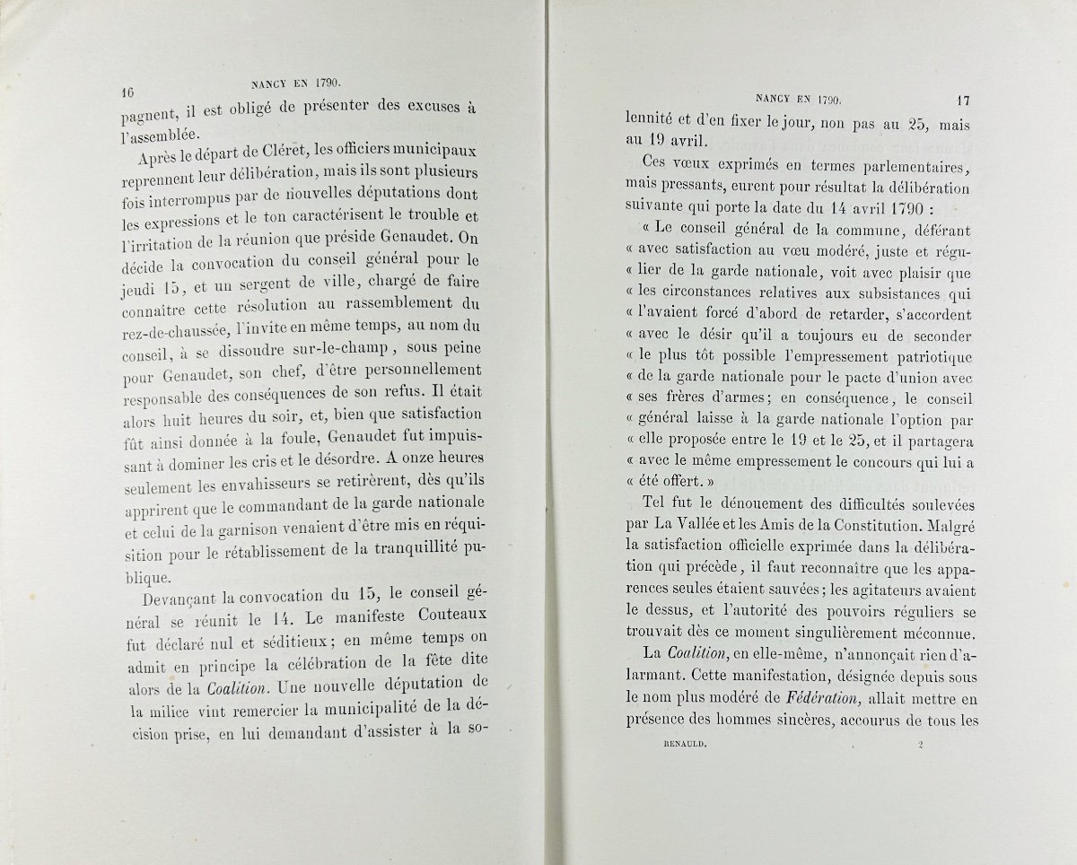 RENAULD (Jules) - Nancy en 1790, étude historique. Lucien Wiener, Husson-Lemoine. 1876, broché.-photo-1