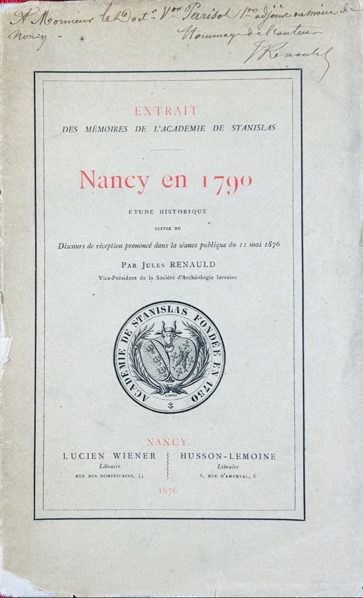 RENAULD (Jules) - Nancy en 1790, étude historique. Lucien Wiener, Husson-Lemoine. 1876, broché.