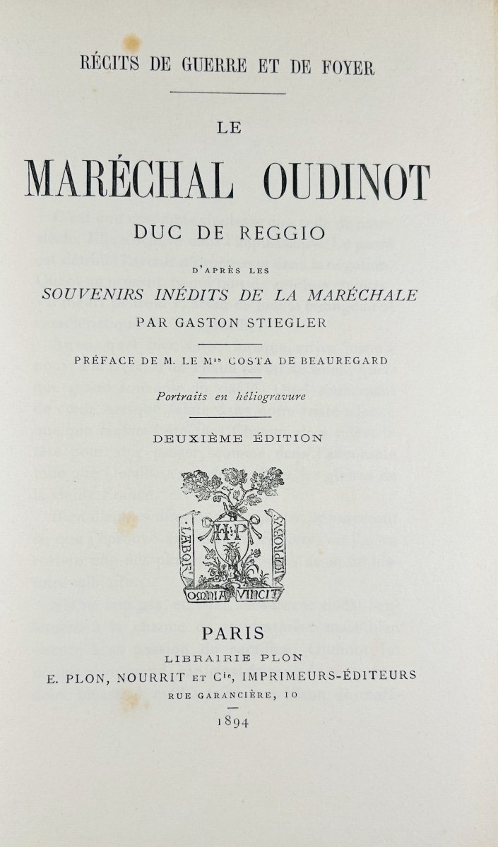 STIEGLER (Gaston) - Le Maréchal Oudinot duc de Reggio. Plon, 1894, reliure de l'époque.-photo-4