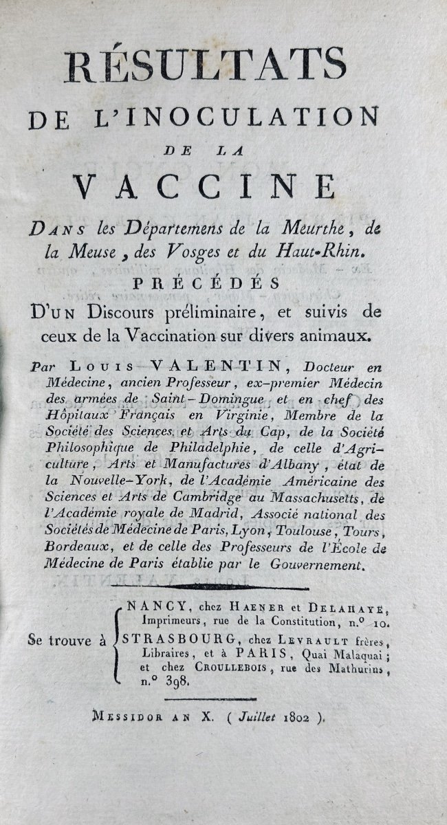 Valentin (louis) - Results Of The Inoculation Of The Vaccine In Lorraine. 1802, Period Binding