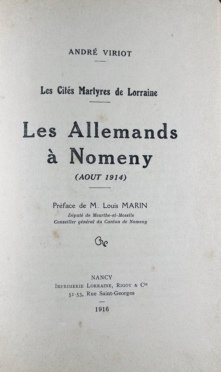 VIRIOT (André) - Les Allemands à Nomeny (Aout 1914). Rigot, 1916, reliure demi-toile d'époque.-photo-4