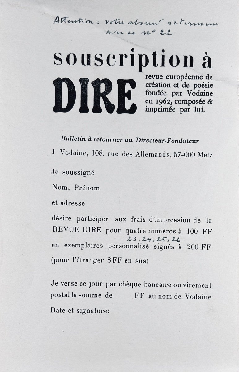 VODAINE (Jean) - Revue  dire n° 22. Anthologie de la poésie en  allemand au Luxembourg. 1977.-photo-1