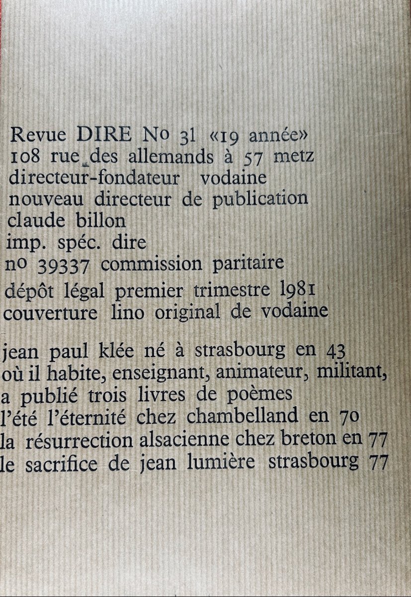 VODAINE (Jean) - Revue européenne de poésie Dire n° 31. Rue des Allemands, Chez Vodaine, 1980.-photo-2