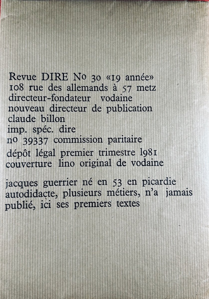 Vodaine (jean) - European Poetry Review Dire N° 30. Baslieux, Chez Vodaine, 1981, Paperback.-photo-2