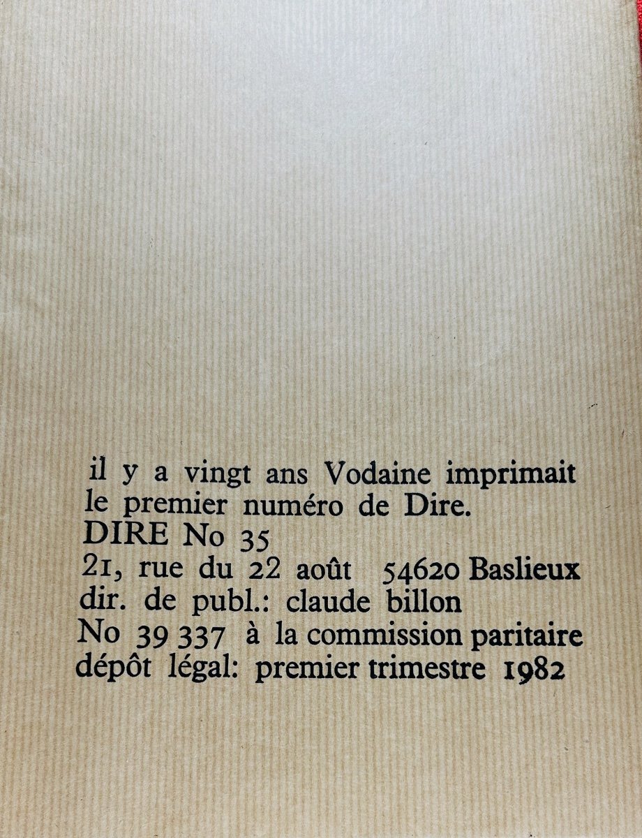 Vodaine (jean) - European Poetry Review Dire N° 35. Baslieux, Chez Vodaine, 1982, Paperback.-photo-2