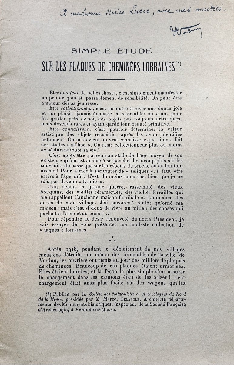 Watrin (ch.) - Simple Study On Lorraine Fireplace Plates. Longuyon, 1937, Paperback.-photo-2