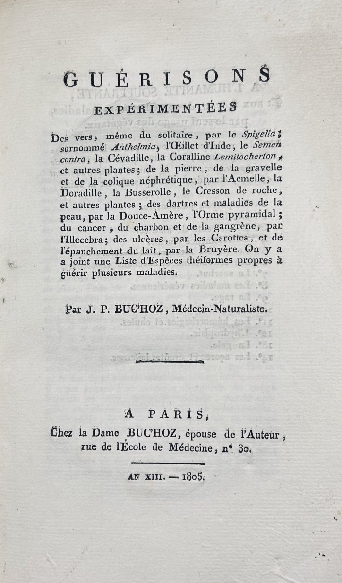 BUC'HOZ (Joseph Pierre) - Guérisons expérimentées. Chez  Buc'Hoz, 1805, cartonnage d'époque.-photo-2