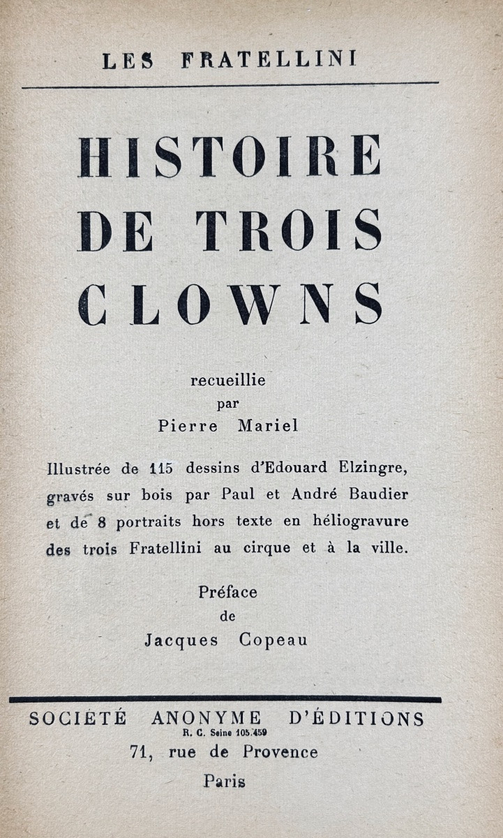 [CIRQUE] - LES FRATELLINI, MARIEL (Pierre) - Histoire de trois clowns. S.A.E., 1923, broché.-photo-3