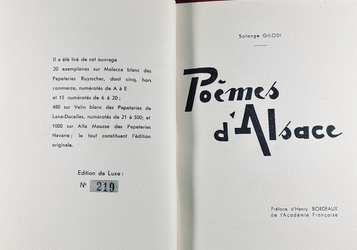 GILODI (Solange) - Poèmes d'Alsace. Colmar, Alsatia, 1948, envoi de l'auteur, belle reliure.-photo-3