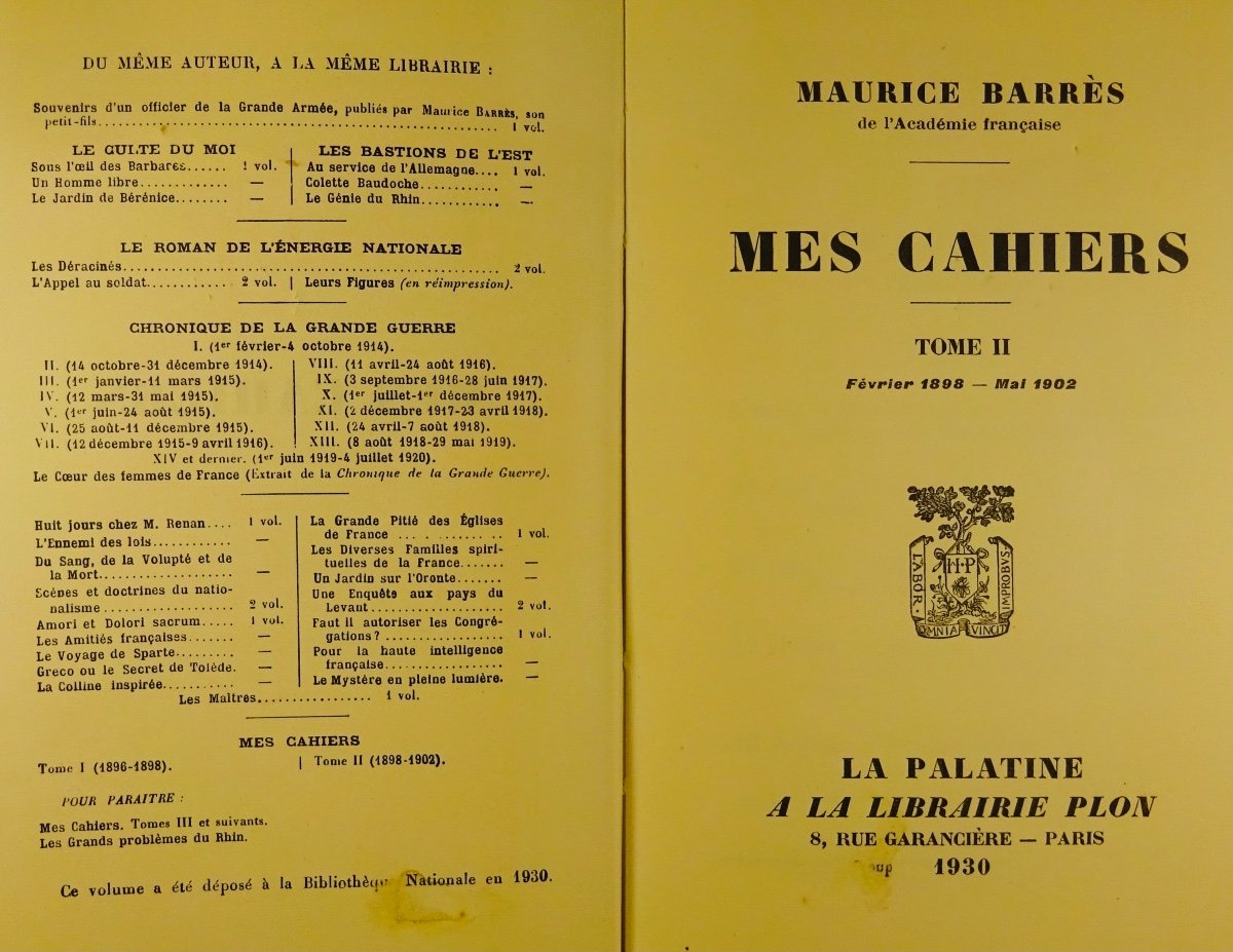 BARRÈS - Mes Cahiers. Tome deuxième (1898-1902). Plon - La Palatine, 1930. Édition originale.-photo-3