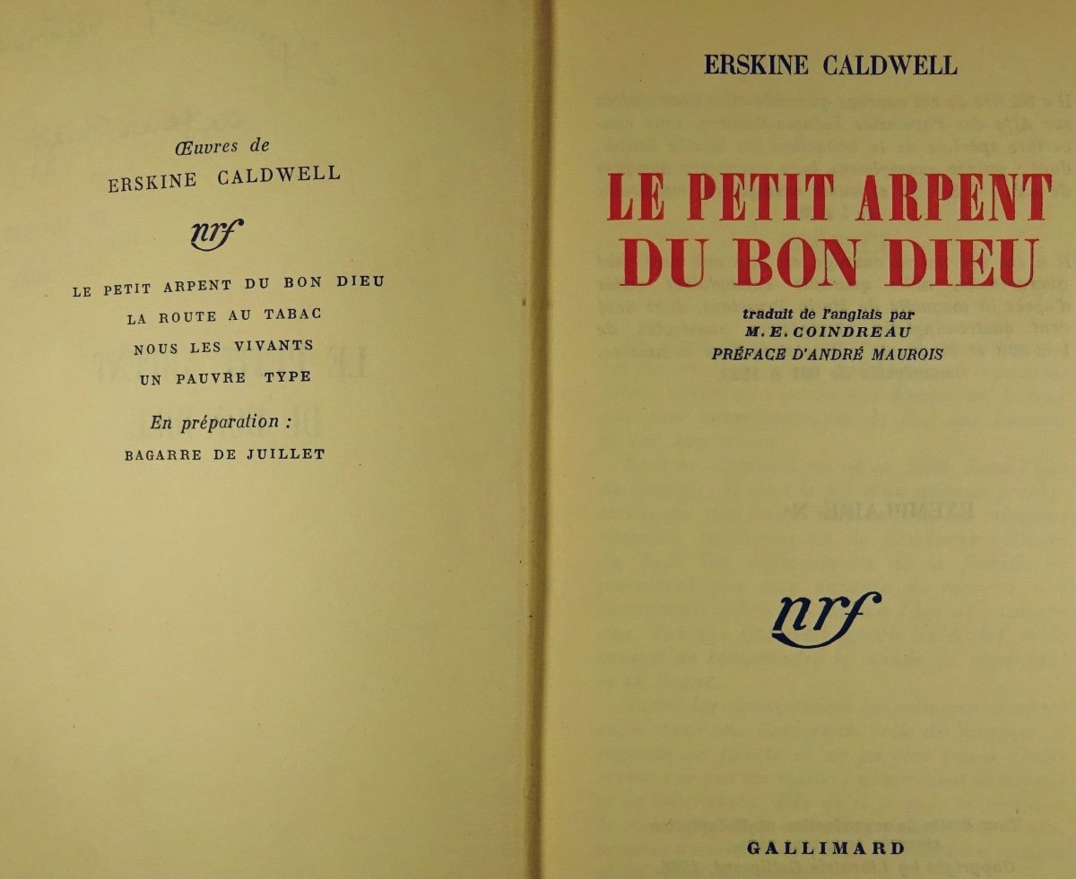 CALDWELL - Le Petit Arpent Du Bon Dieu. Gallimard, 1936. Cartonnage Prassinos.-photo-2