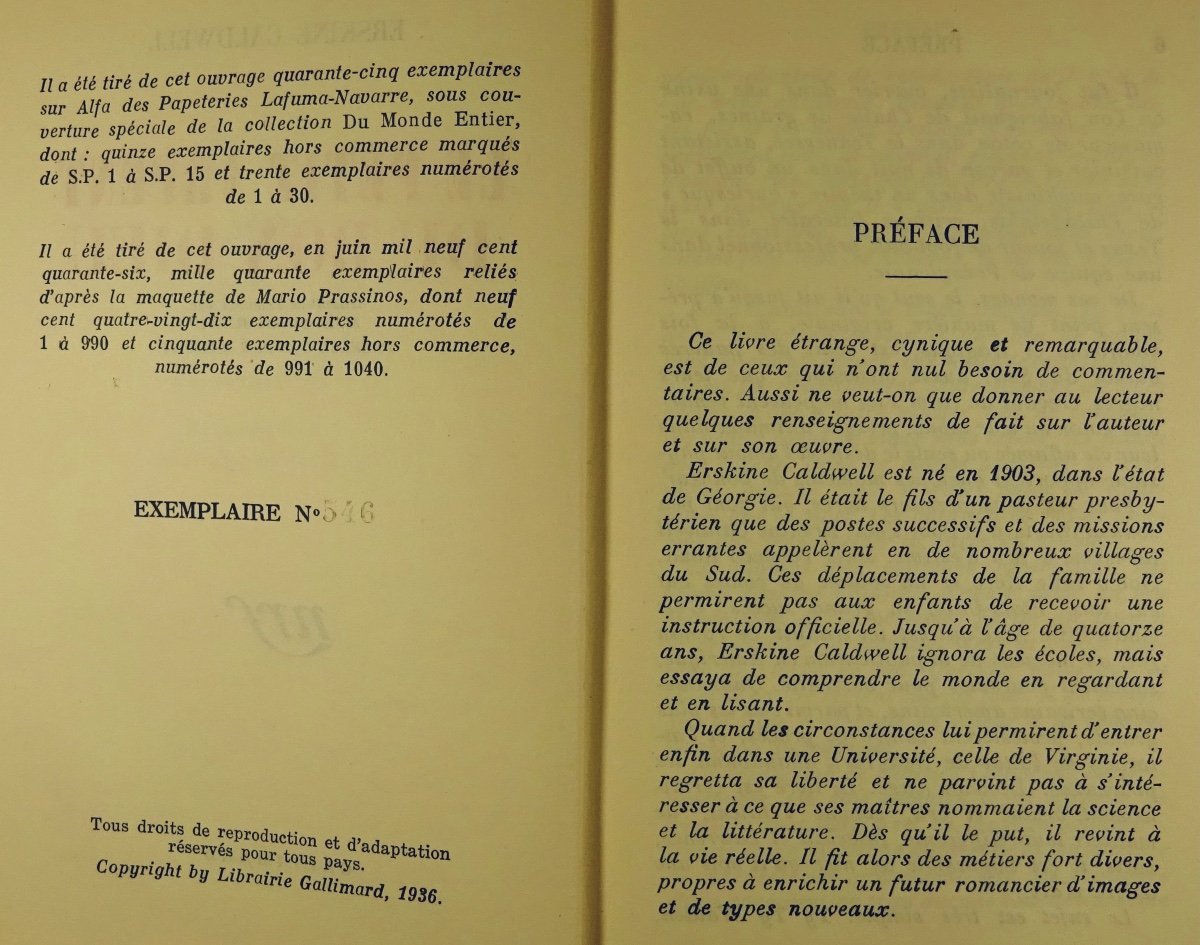 CALDWELL - Le Petit Arpent Du Bon Dieu. Gallimard, 1936. Cartonnage Prassinos.-photo-3