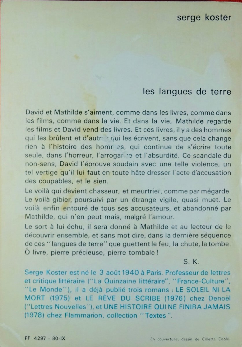 KOSTER (Serge) - Les Langues de terre. Flammarion, 1980. Envoi de l'auteur.-photo-2