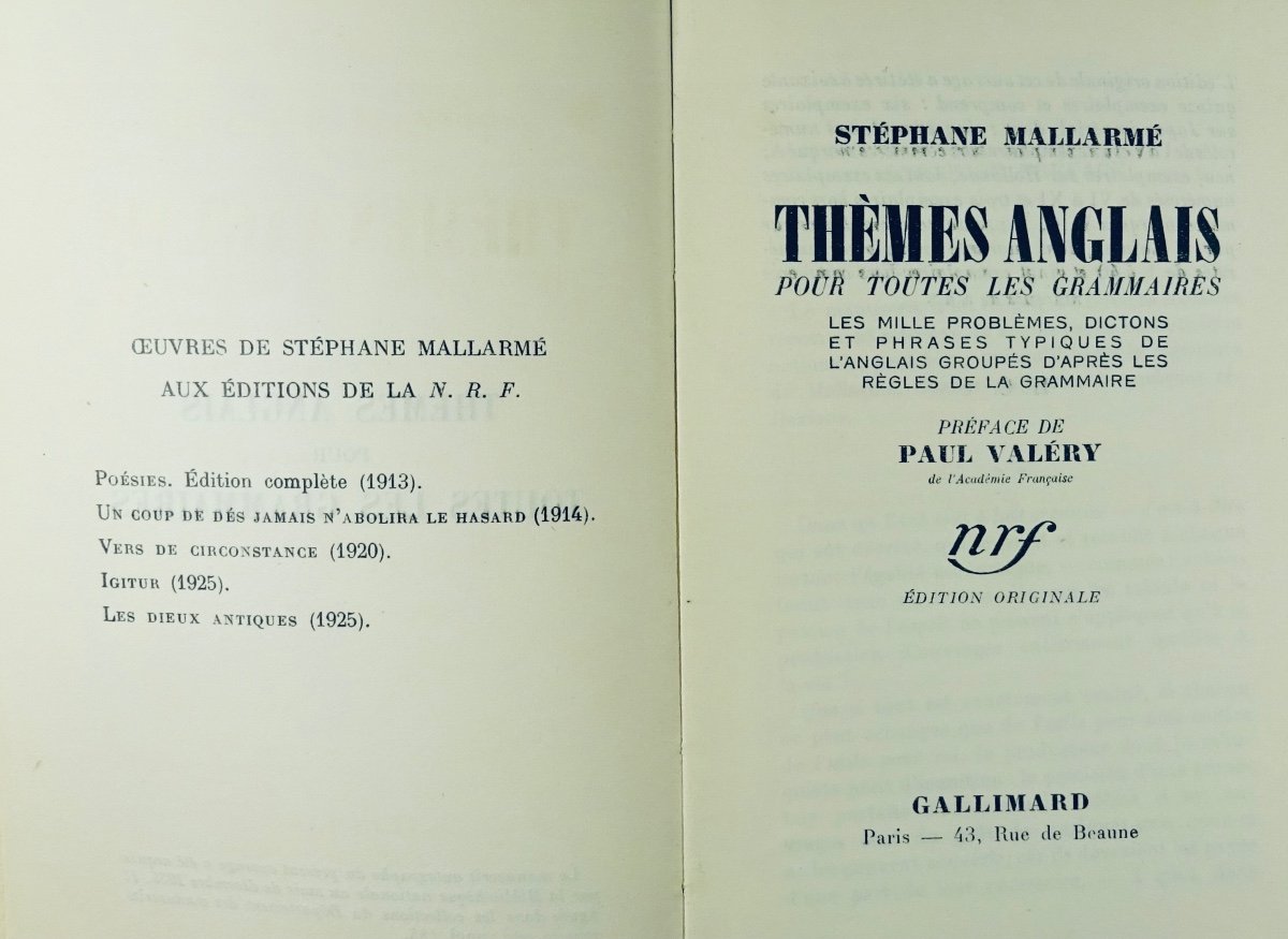 MallarmÉ - English Themes For All Grammars. Gallimard, 1937. First Edition.-photo-3