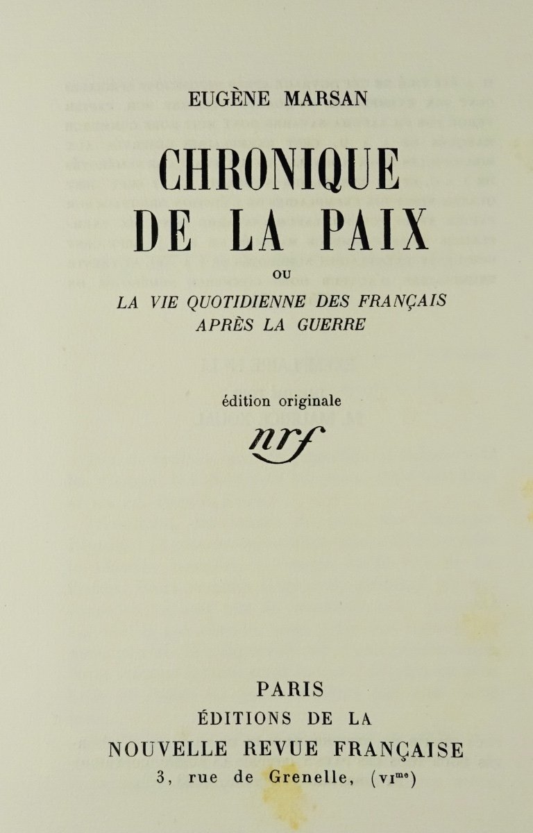 Marsan (eugene) - Chronicle Of Peace. Gallimard, 1923. First Edition.-photo-2