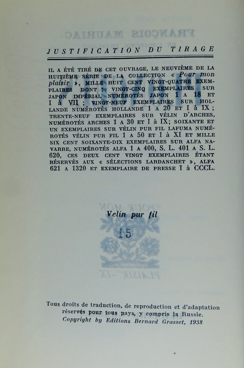 MAURIAC (François) - Plongées. Grasset, 1938. Exemplaire sur vélin pur fil.-photo-3