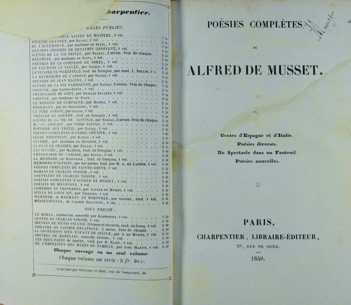 MUSSET (Alfred de) - Poésies complètes. Charpentier, 1840. Édition originale.-photo-2