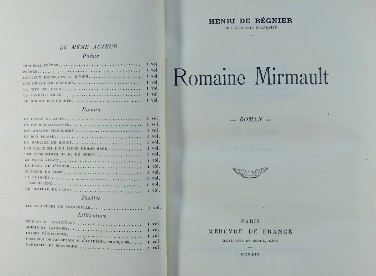 Regnier (henri De) - Romaine Mirmault. Paris, Mercure De France, 1914. First Edition.-photo-2