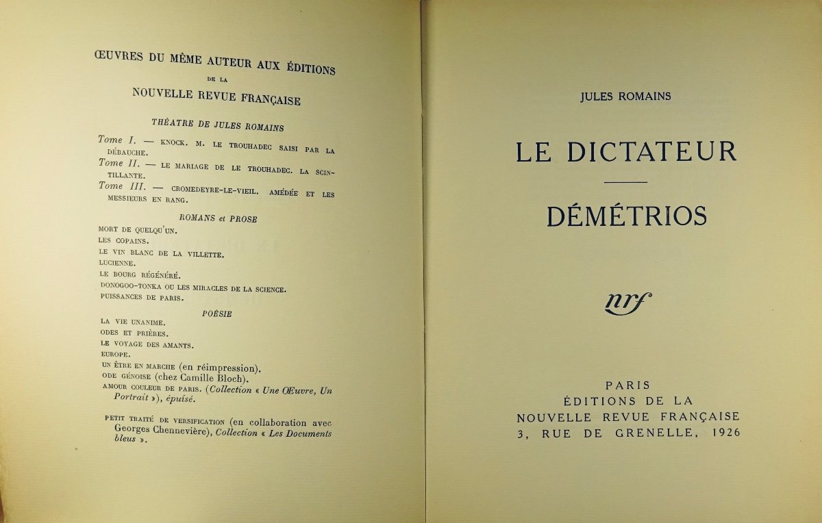 ROMAINS (Jules) - Le Dictateur. Démétrios. Gallimard, 1926. Édition originale.-photo-2