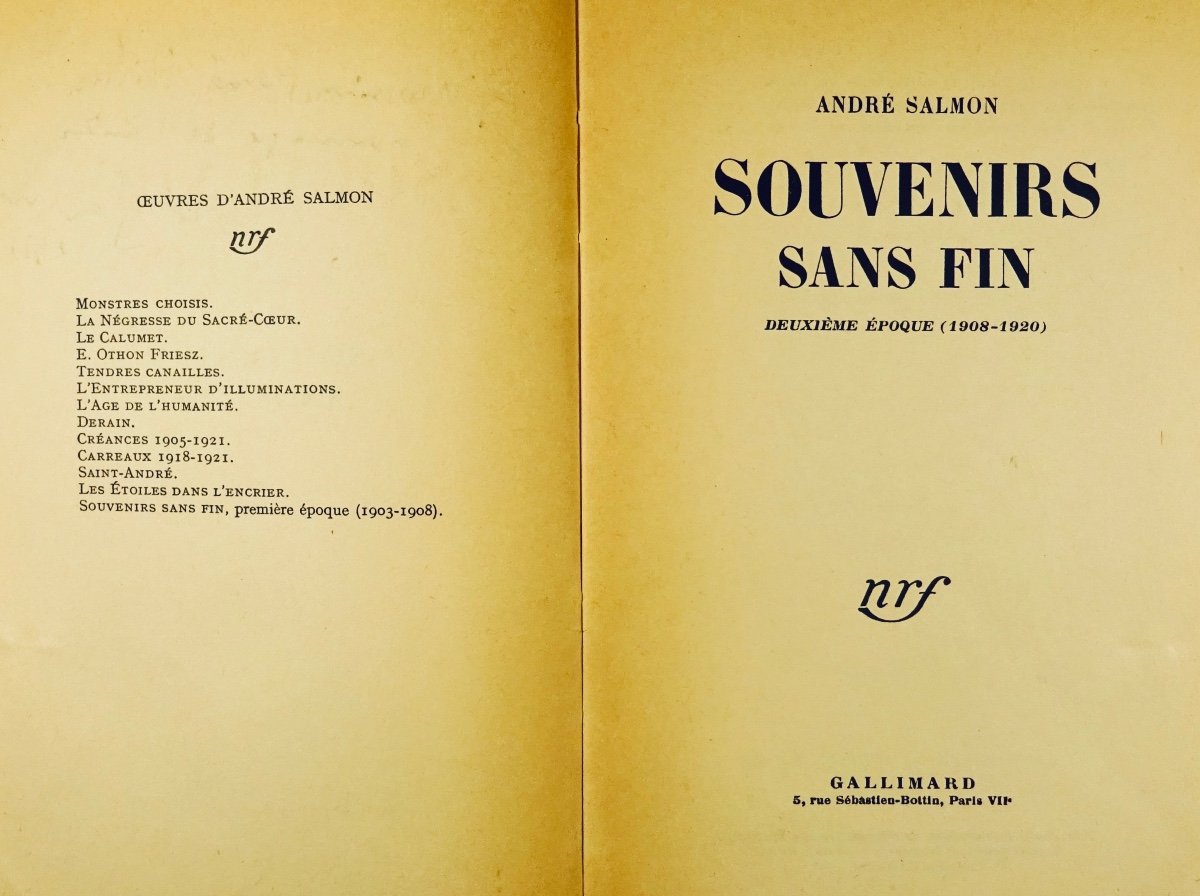 Salmon - Endless Memories. Second Period (1908-1920). Gallimard, 1956. Sent By The Author.-photo-3