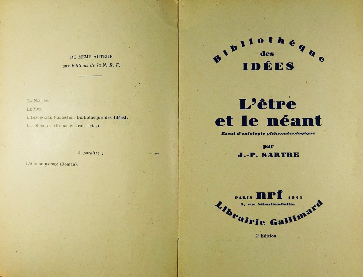 SARTRE - L'Être et le néant. Essai d'ontologie phénoménologique. Gallimard, 1943. 2ème édition.-photo-2