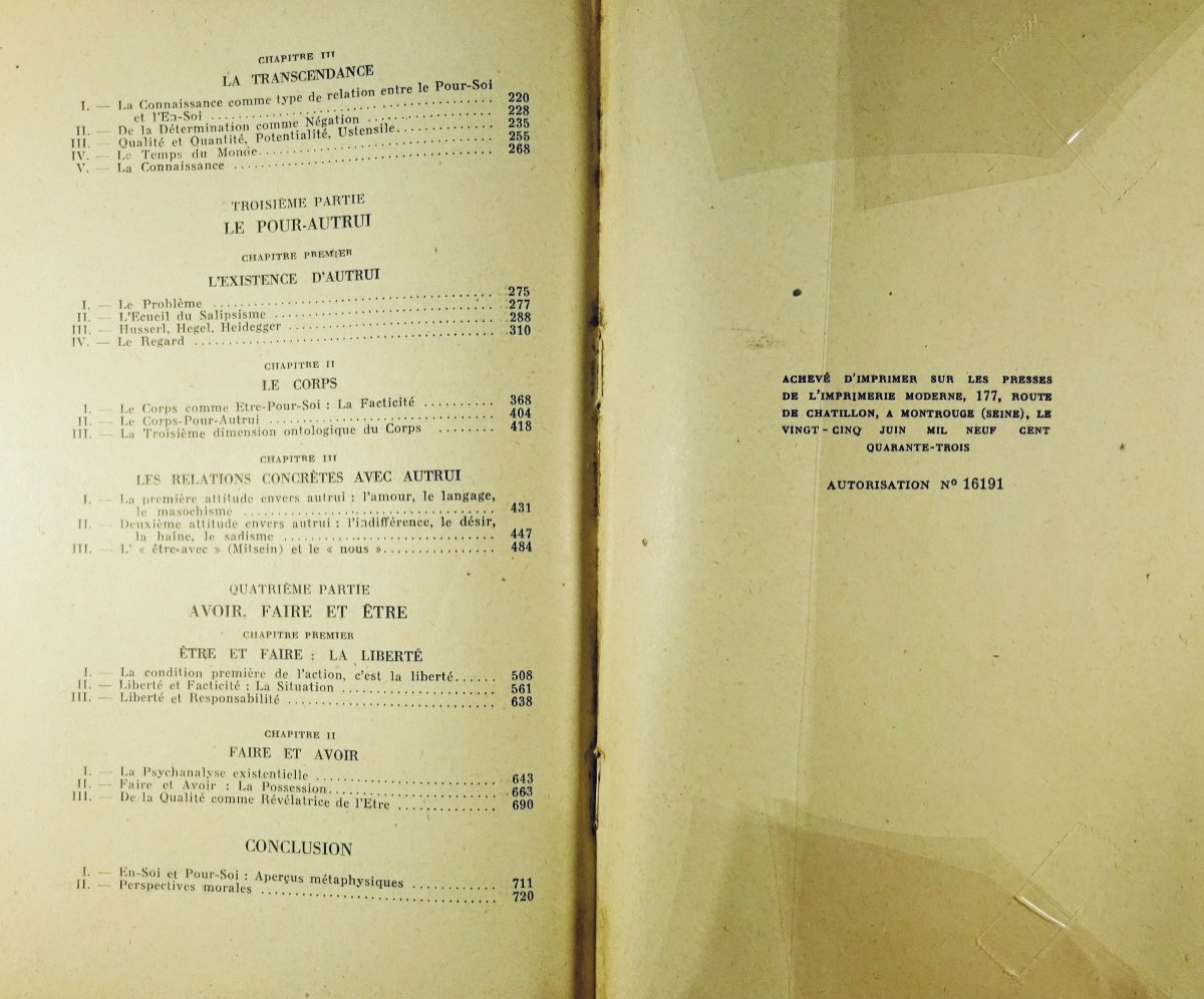 SARTRE - L'Être et le néant. Essai d'ontologie phénoménologique. Gallimard, 1943. 2ème édition.-photo-1