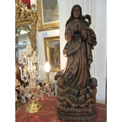 Statue Vierge En Bois Sculpté  XVIIIème Siècle 
