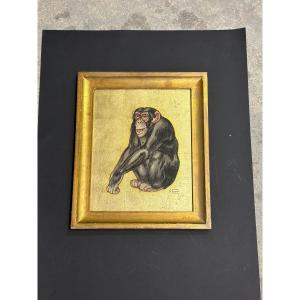 Painting By André Margat Representing A Congolese Chimpanzee Dated 1932