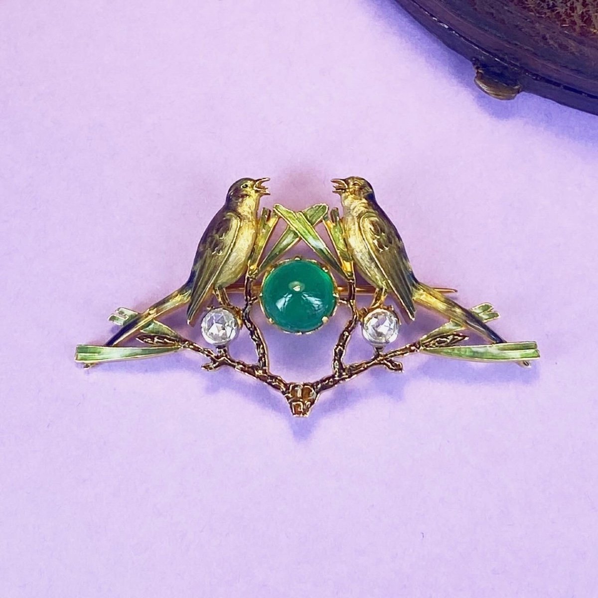 Broche Art Nouveau, Or, Emaille, Diamants Et émeraude-photo-2