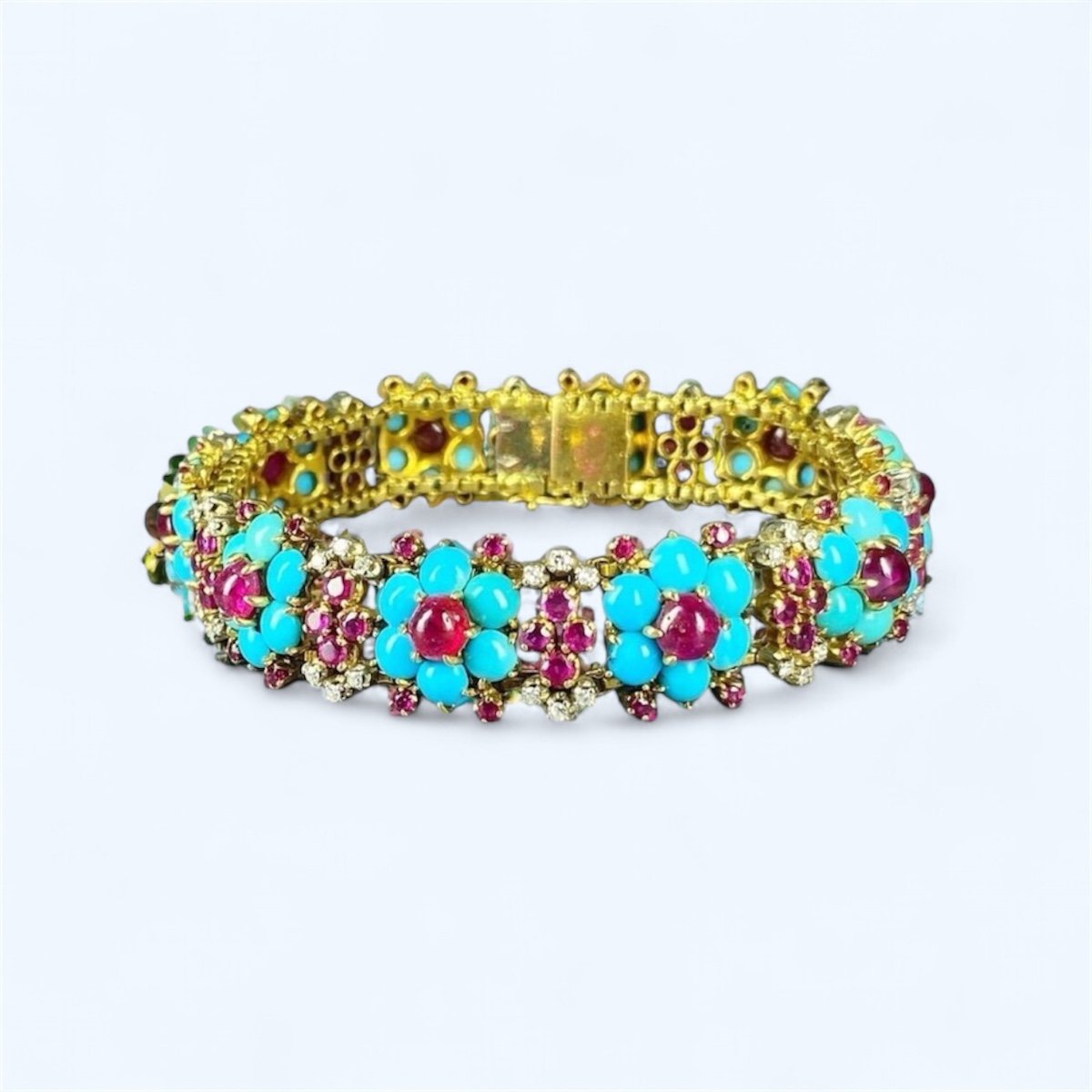 Bracelet Vintage Or, Rubis, Turquoises Et Diamants-photo-2