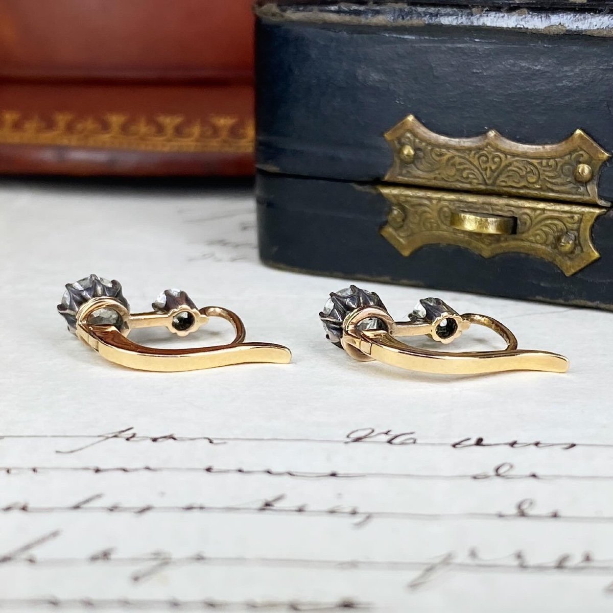 Pair Of Antique "sleeper" Earrings In Gold, Silver And Diamonds-photo-2