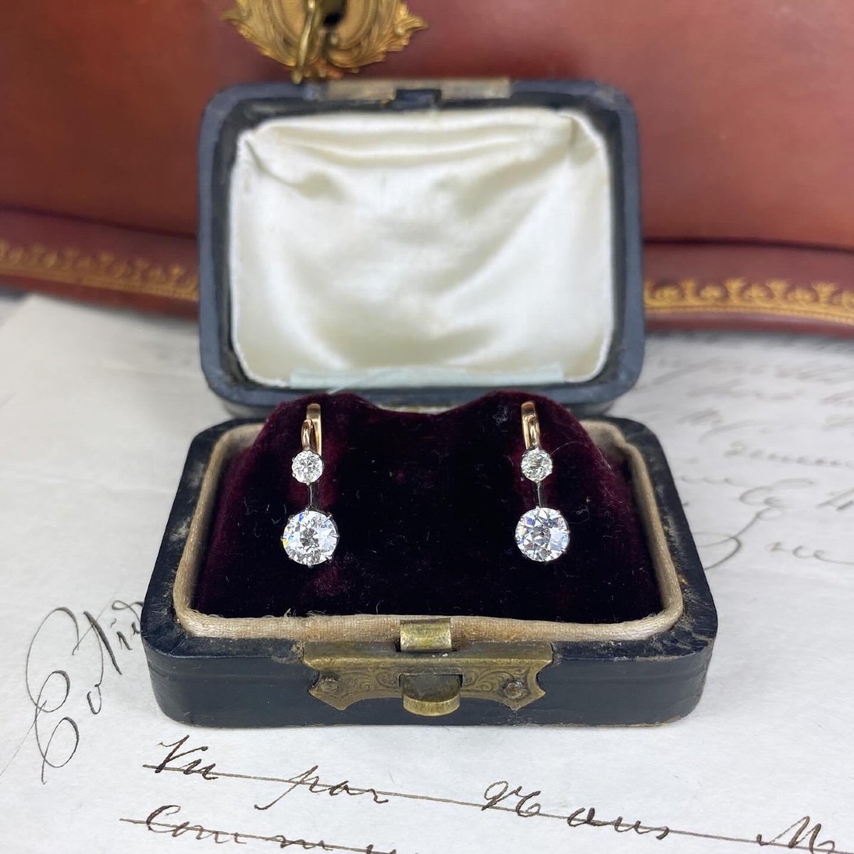 Pair Of Antique "sleeper" Earrings In Gold, Silver And Diamonds-photo-3