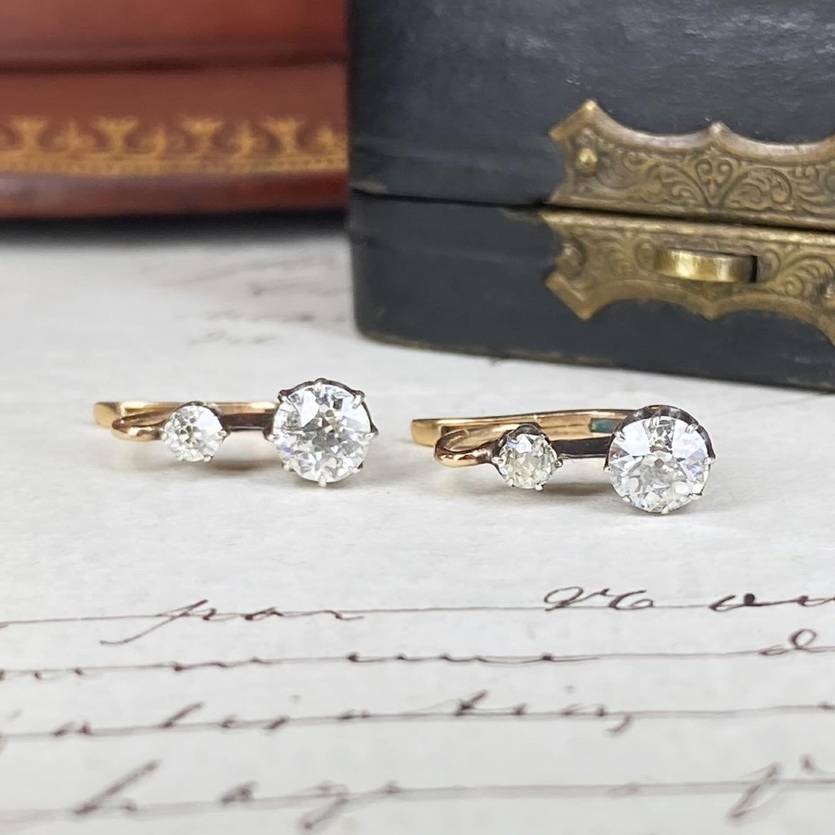 Pair Of Antique "sleeper" Earrings In Gold, Silver And Diamonds