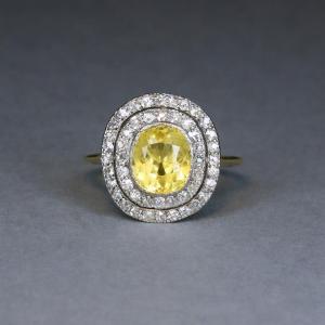 Antique Ring In Gold, Platinum, Yellow Sapphire And Diamonds