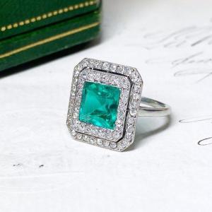 Antique Art Deco Ring In Platinum, Emerald And Diamonds