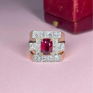 Art Deco Ring In Gold, Platinum, Ruby And Diamonds