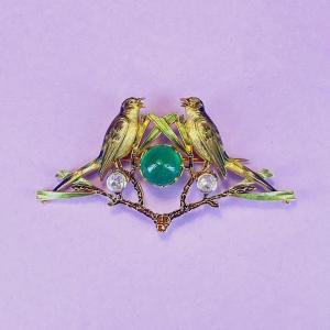 Broche Art Nouveau, Or, Emaille, Diamants Et émeraude