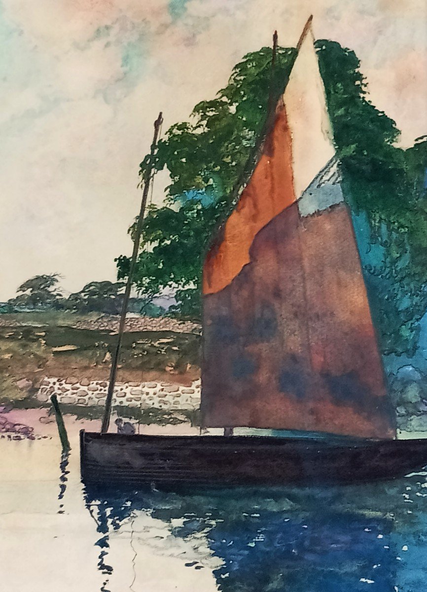 Ernest Pierre Guérin (1887-1952) Benodet Bretagne, Aquarelle Sur Papier,-photo-1