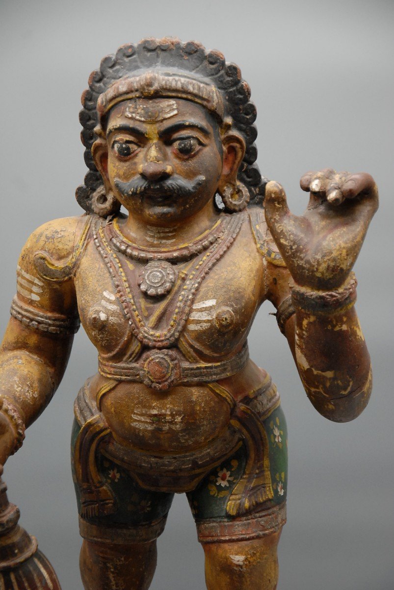 South Indian Polychrome Wooden Statue "karuppu Swamy" Tamil Deity, Circa 1930-photo-2