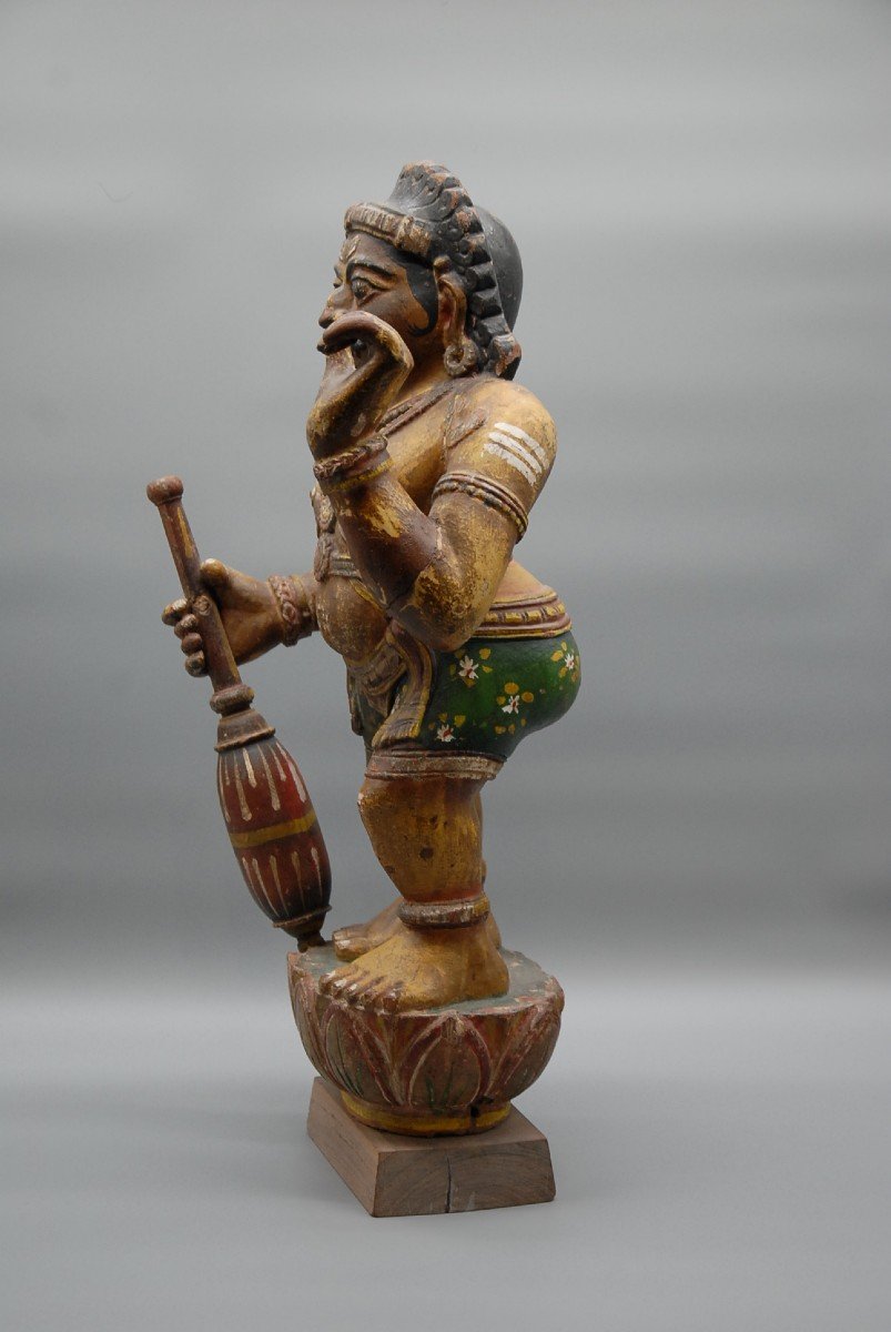 South Indian Polychrome Wooden Statue "karuppu Swamy" Tamil Deity, Circa 1930-photo-3