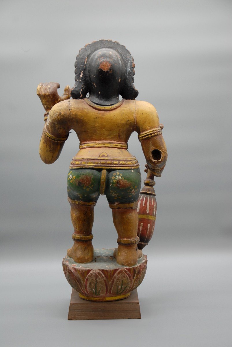 South Indian Polychrome Wooden Statue "karuppu Swamy" Tamil Deity, Circa 1930-photo-4