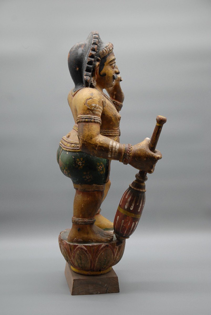 South Indian Polychrome Wooden Statue "karuppu Swamy" Tamil Deity, Circa 1930-photo-1