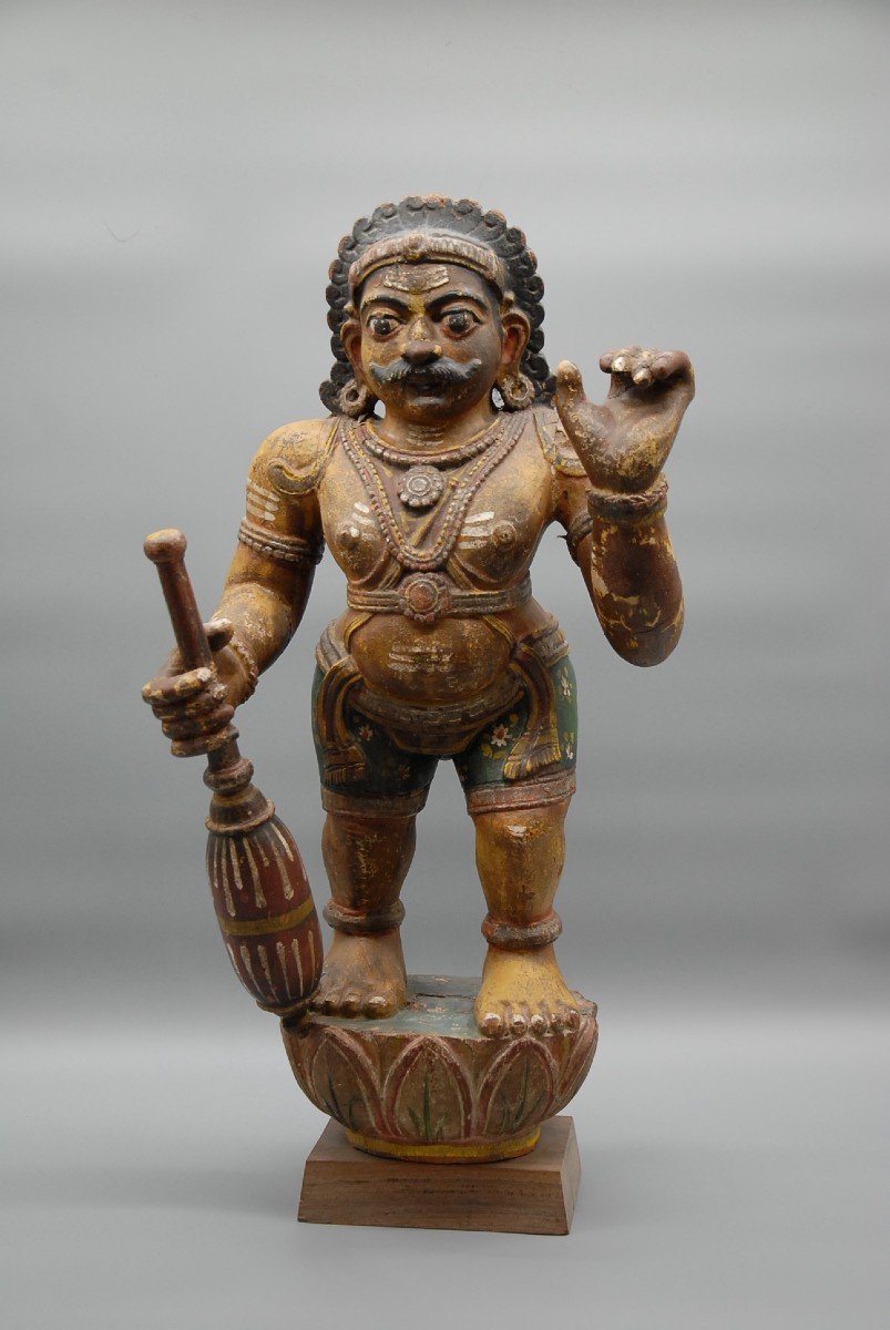 South Indian Polychrome Wooden Statue "karuppu Swamy" Tamil Deity, Circa 1930