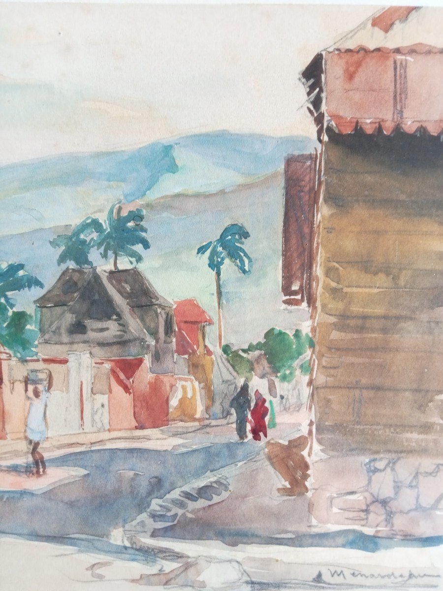 Saint-denis, île De La Réunion , Vue De La Rue De l'Est Aquarelle Signée  Menardeau Vers 1932 -photo-1