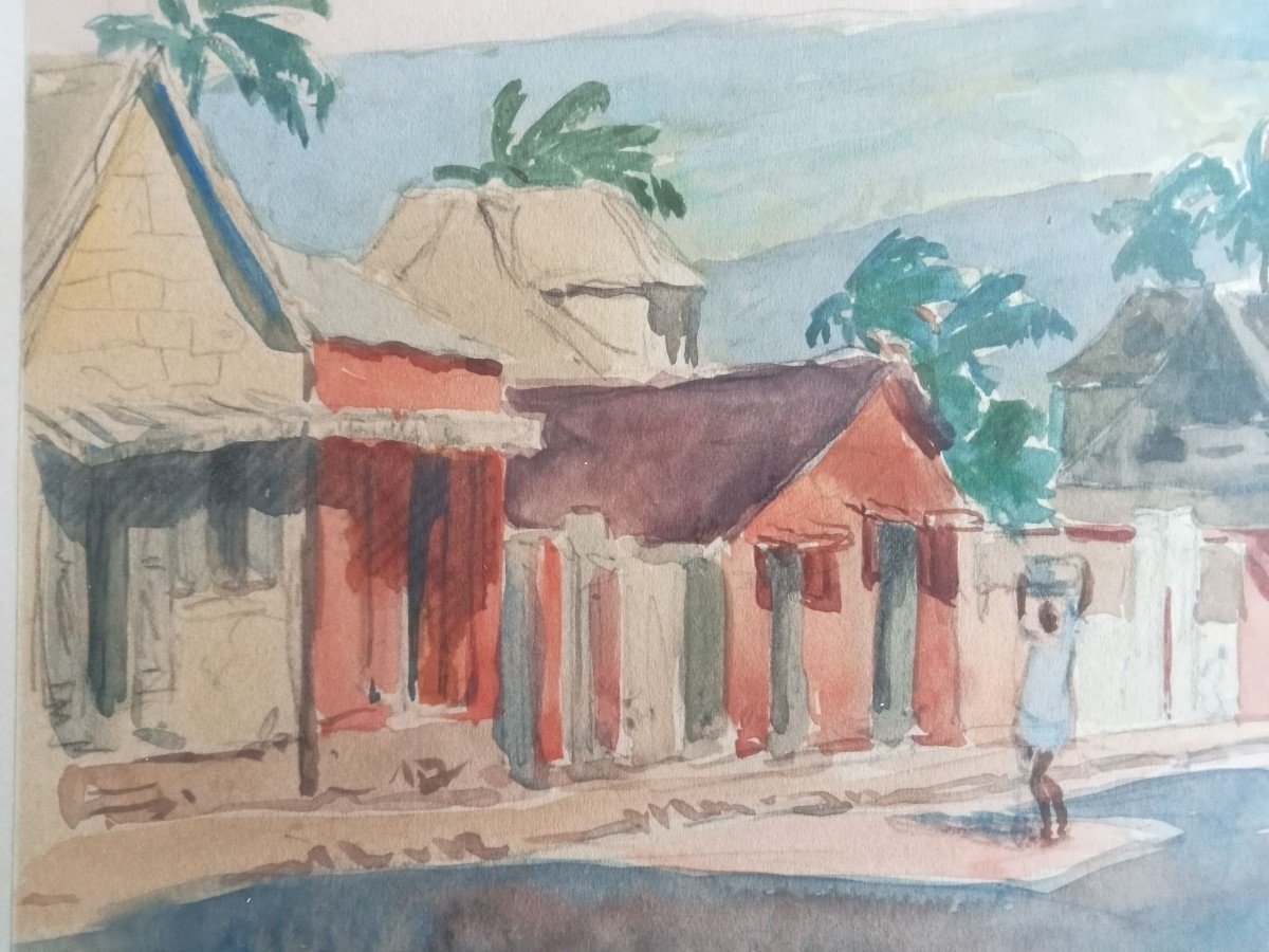 Saint-denis, île De La Réunion , Vue De La Rue De l'Est Aquarelle Signée  Menardeau Vers 1932 -photo-2