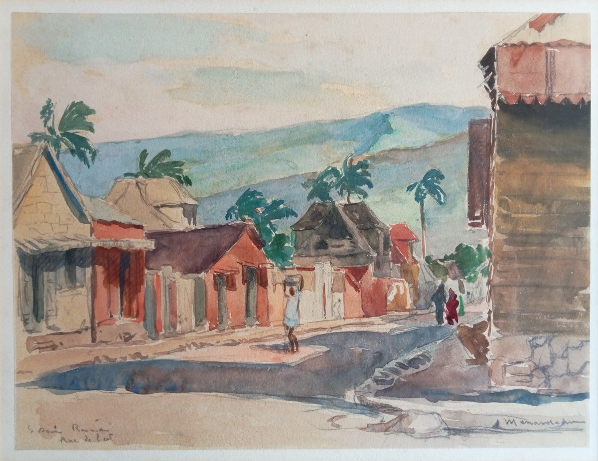 Saint-denis, île De La Réunion , Vue De La Rue De l'Est Aquarelle Signée  Menardeau Vers 1932 