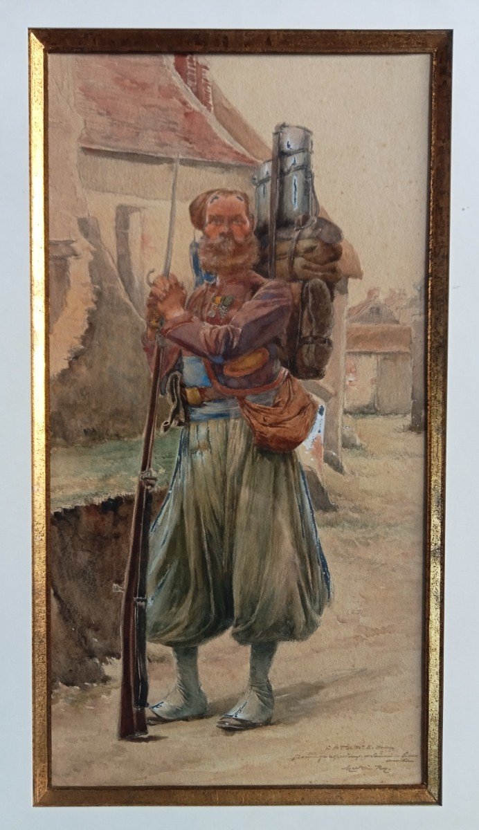 Soldier Of A Zouaves Regiment From The Second Empire, Napoleon III Watercolor Signed Marius Roy 19th-photo-2