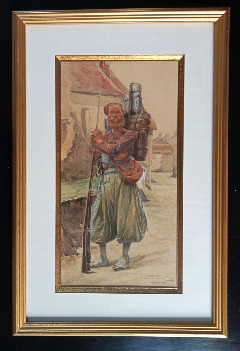 Soldat d'Un Régiment De Zouaves Du Second Empire, Napoléon III Aquarelle Signée Marius Roy 19e